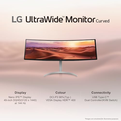 LG UltraWide Monitor Curved 49WQ95C, 49 Inch, 5120 x 1440, 144Hz, Nano IPS Display, VESA Display HDR 400, Nvidia G-sync Compatible, AMD FreeSync, Stereo Speakers, Ergonomic Design, USB Type-C, HDMI