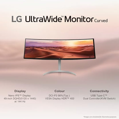 LG UltraWide Monitor Curved 49WQ95C, 49 Inch, 5120 x 1440, 144Hz, Nano IPS Display, VESA Display HDR 400, Nvidia G-sync Compatible, AMD FreeSync, Stereo Speakers, Ergonomic Design, USB Type-C, HDMI